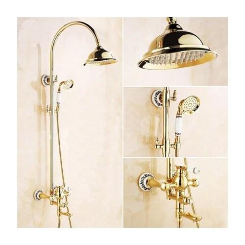 Shower Faucets Luxury Gold Brass Bathroom Shower Faucet Set Rainfall Head Single Ceramic Handle Tub Mixer Shower Tap S
