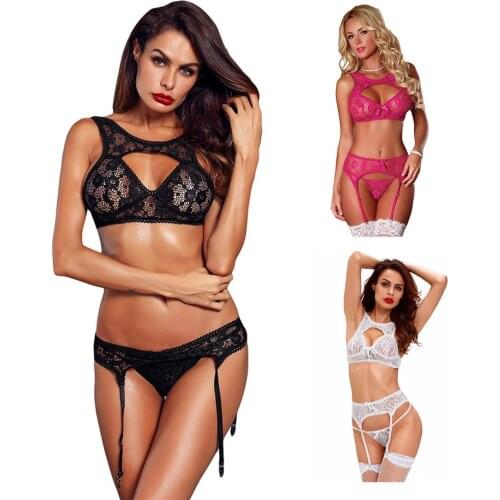 Sexy Temptation Panties, Womens Sexy Underwear Suits, Valentines Round Neck Chest Hollow Lace Tops+Panties+Garter Pajamas Suit