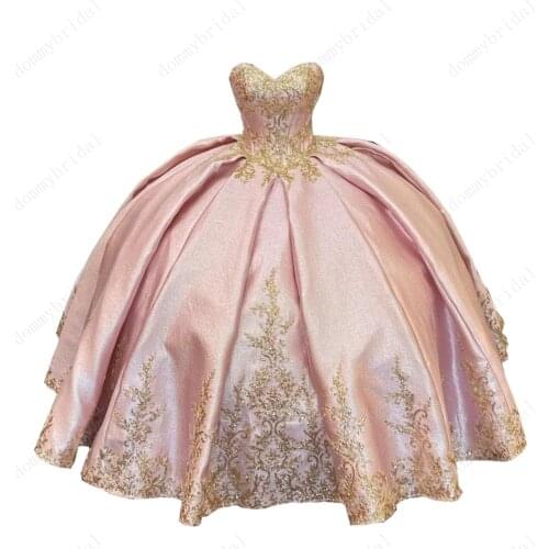 Modern Gold Sequined Lace Pink Puffy Princess Quinceanera Dresses 2021 Cheap Satin Ball Gown Robe Debutante Formal Prom Dress