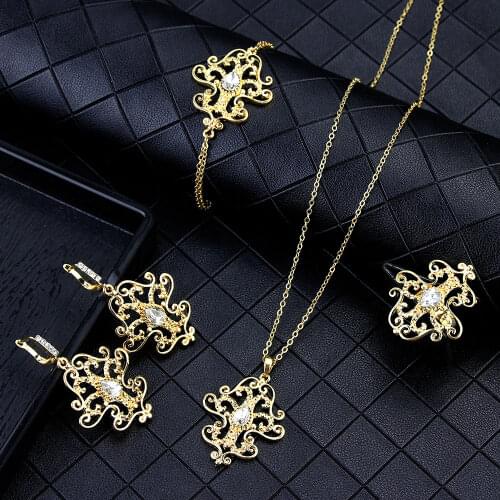 Sunspicems 2021 Gold Color Morocco Earring Necklace Ring Bracelet Wedding Jewelry Sets for Women Indian Crystal Bride Bijoux