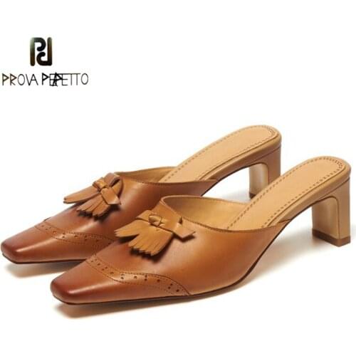 Muller Shoes Inside and Outside All Leather Retro Square Head Tassel Polished Old Baotou High-heeled Sandals and Slippers