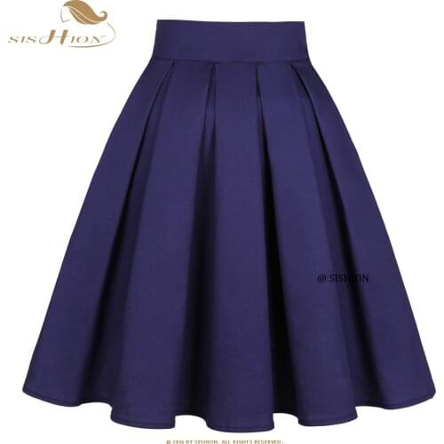 SISHION Women Cotton Navy Blue Rose Black Skirt SS0012 50s 60s Hepburn High Waist Vintage Retro egirl Skater Pleated Skirt