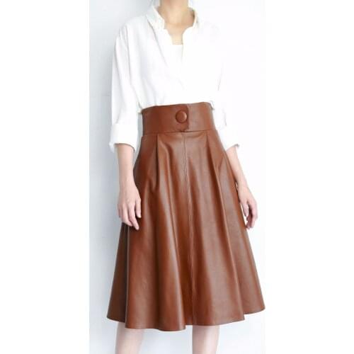 Autumn Winter Chic womens elegant vintage high-rise Skirts High quality genuine leather A-line skirt C542