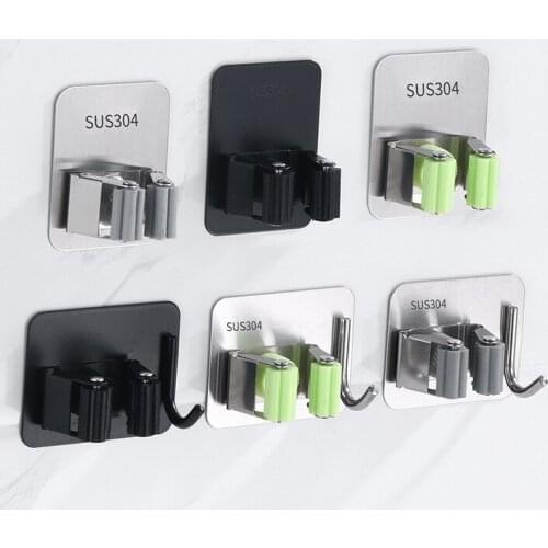304 Stainless Steel Mop Clip Hook Without Punching Toilet Storage Artifact Broom Rack Adhesive Bathroom Organizer Wall Shelf