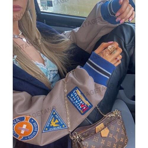 B-TOTO American Retro Brown Stitching Patch Baseball Uniform Jacket Female Tide Ins Street Jacket 2021 New Fashion