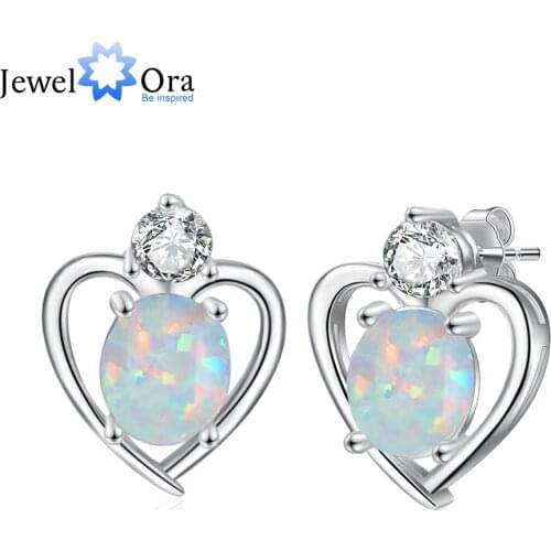 JewelOra Designer Luxury Heart Stud Earrings for Women Fashion Created White Oval Opal Earrings Wedding Jewelry Accessories