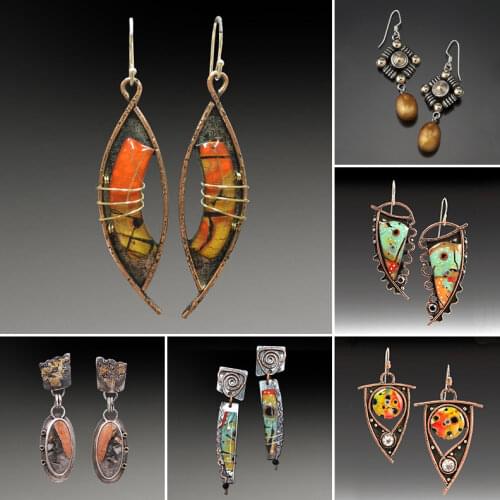 New Design Yellow Orange Stone Earrings Vintage Red Bronze Hollow Metal Bending Golden Lines Dangle Earrings for Women