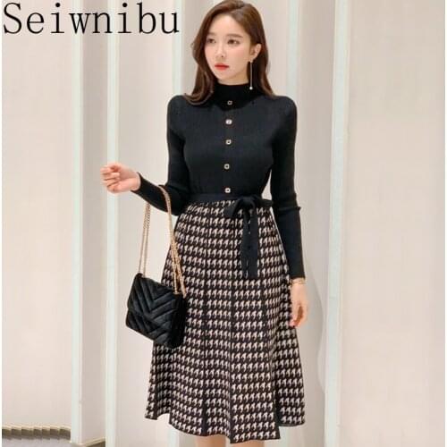 Winter Womens Korean Knit Dress Fashion Turtlenck sweater Knit Spliced houndstooth High Waist A-line Dress Vestidos Mid-Calf