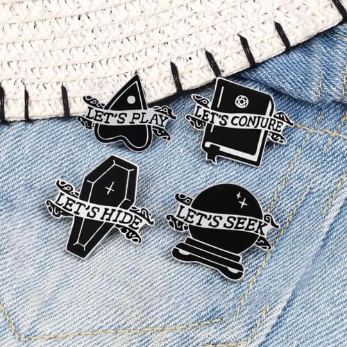 Black Letter Brooches Enamel Pins Punk Ball Book Heart LETS PLAY CONJURE SEEK HIDE Lapel Pin Badges Jackets Hat Jewelry Gifts
