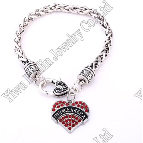 QUINCE ANERA Heart Love Clear Rhinestone Heart Charm Bracelet Wristband