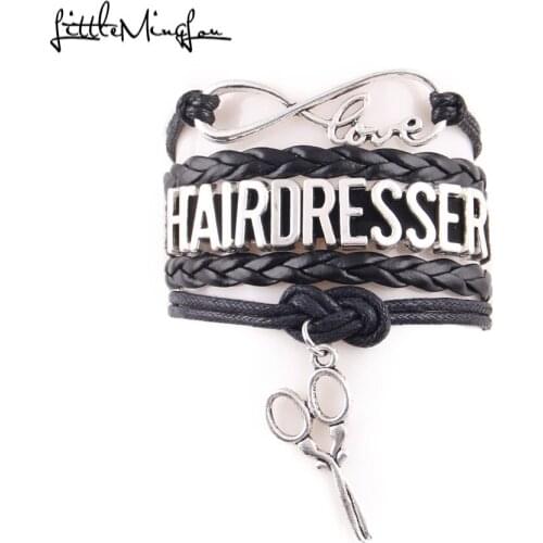 Little MingLou Infinity Love HAIRDRESSER bracelet scissors charm leather charm wrap men bracelets & bangles for women jewelry