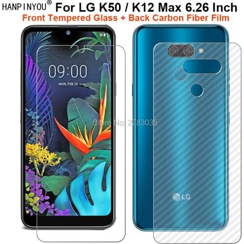 For LG K50 / K12 Max 6.26" 1 Set = Soft Back Carbon Fiber Film +Ultra Thin Clear Tempered Glass Front Screen Protector