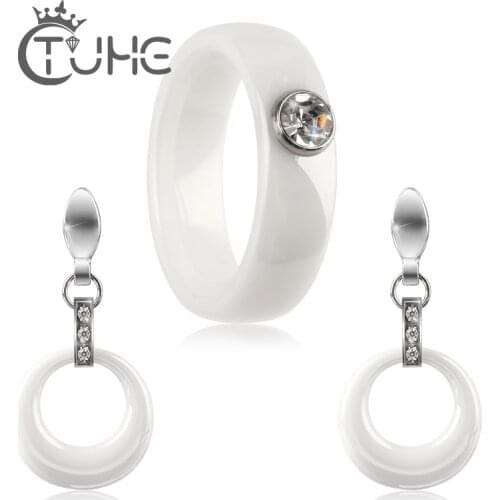 Elegant Style White Ceramic Jewelry Sets For Female Understated and Refined Circle Pendant Earrings Crystal Rings Jewelry 2018