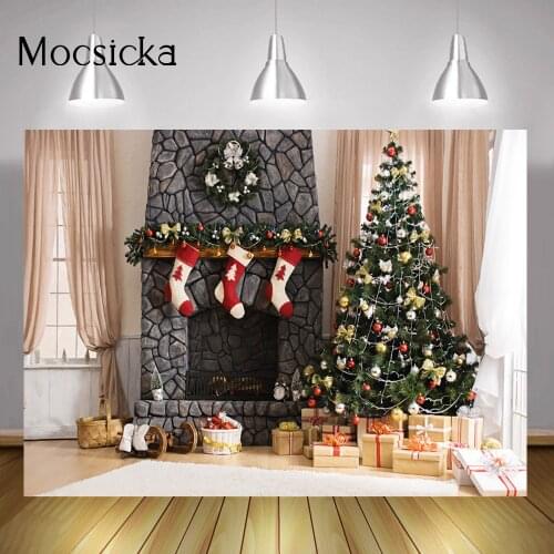 Xmas Party Backdrop Decorations Christmas Tree Fireplace Gifts Background Winter Window Birthday Portrait Photocall Sock Curtain