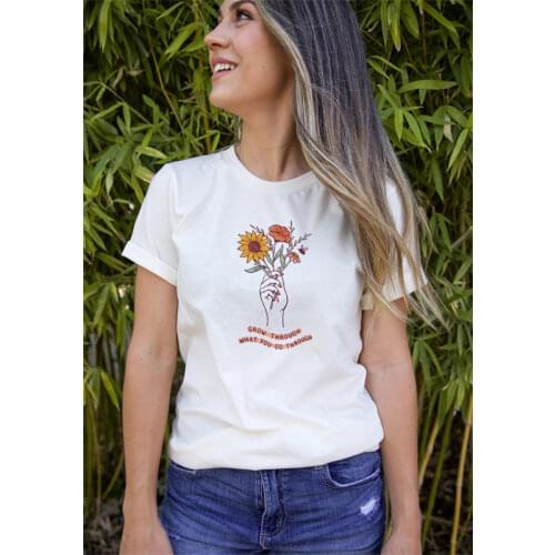 Vintage Grow Through What You Go Through Colored Print T Shirt Women Botanical Flower Tee Top Summer Inspirational Quote Tshirt