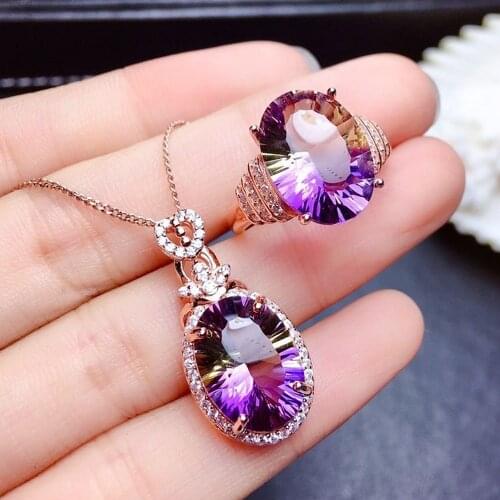 Purple Crystal Amethyst Citrine Agate Zircon Diamonds Gemstones Pendant Necklaces Rings Rose Gold Color Jewelry Sets for Women