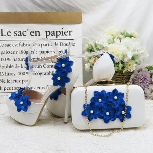 High Heels Summer Sandals Wedding Shoe Bride Round Toe Ankle Strap Ladies Party Pumps Woman big size shoe purse set White Shoe