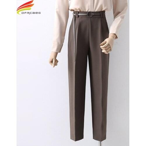 New 2021 Autumn Pant Suits Office Wear Women Free Belt Korean Fashion Khaki Or Black Straight High Waist Ladies Trousers