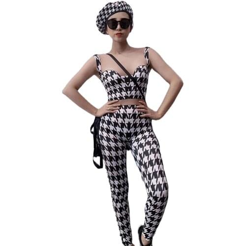 Houndstooth Skinny Stretch Women Jumpsuit Sleeveless Personality Street Style Two Pieces Set Jazz Dance Costume Nightclub Outfit