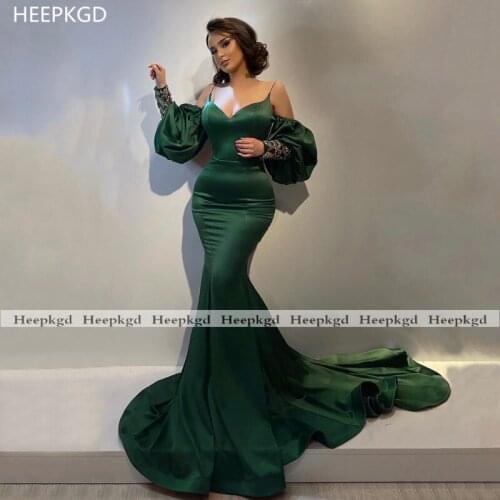 Long Train Green Mermaid Arabic Evening Dress Sweetehart Spaghetti Straps Beads Puffy Sleeves Formal Occasion Wedding Party Gown