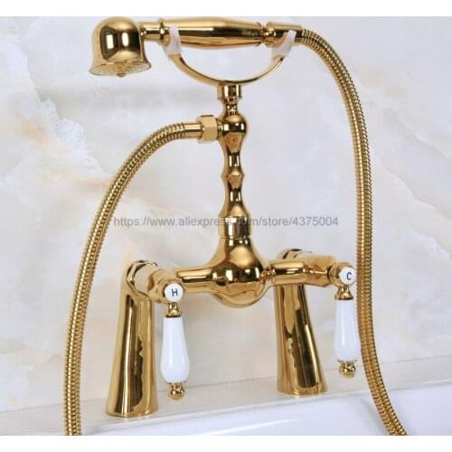Polished Gold Bathroom Shower Faucet Bath Faucet Double Ceramic Handle With Hand Shower Head Set Deck Mounted Nna137