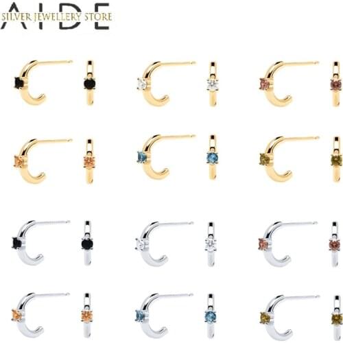 AIDE C Shape Zircon Stud Earrings for Women Simple Small Glossy Piercing Earings 925 Sterling Silver Jewelry kolczyki