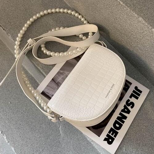 Premium Crocodile Pattern Bag Female 2021 New Fashion Pearl Chain Crossbody Bag Saddle Bag Underarm Bag Dual-use Bag Width: 22cm