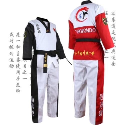 High Quality Colored Taekwondo uniform children adult WTF tae kwon do dobok karate women men Good cotton TKD suit black V-neck