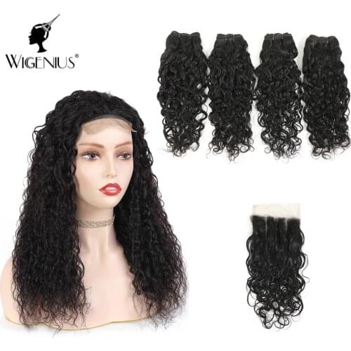 WIGENIUS Brazilian Curly Human Hair 4 Bundles With 4X4 Lace Closure Three Part Natural Color New Curly Hair Weave Extensions