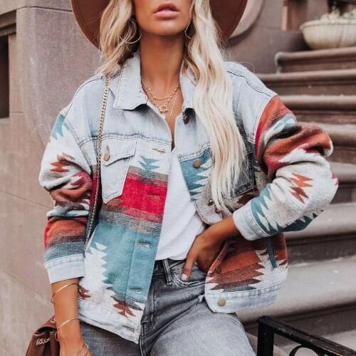 Retro Denim Jacket 2021 New Long Sleeved Lapel Loose Denim Stitching Woolen Jacket Female AZTEC Vintage Denim Stitching Coat