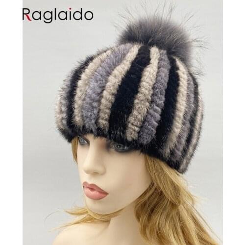 Woman Winter Hat Knitted Mink Fur Fox Pompom Warm Striped Genuine Fur Hats