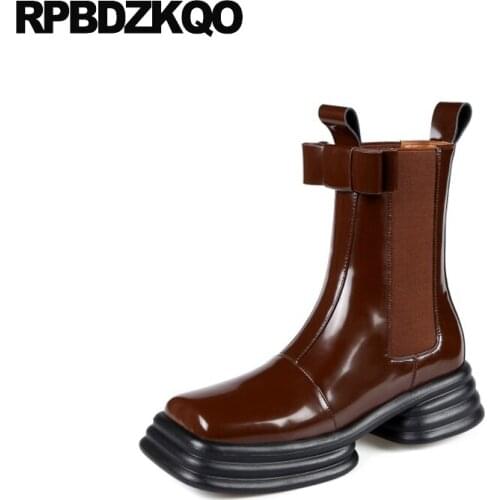 Chunky Girls Platform Patent Leather Cute Shoes Bow Chelsea Retro Kawaii Women Ankle Boots Medium Heel Brown Genuine Square Toe