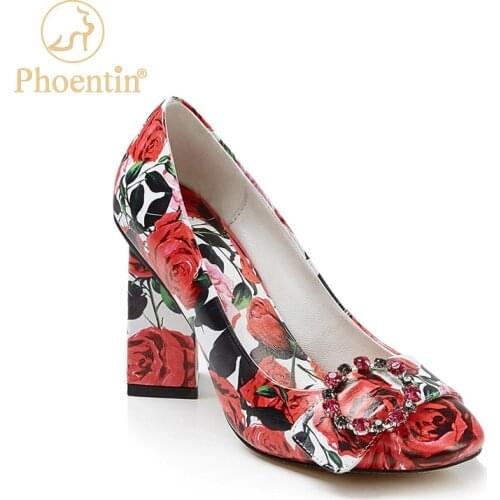 Phoentin rose print red high heels 2020 crystal buckle decoration bride shoes fashion evening shoe pumps ladies plus size FT923