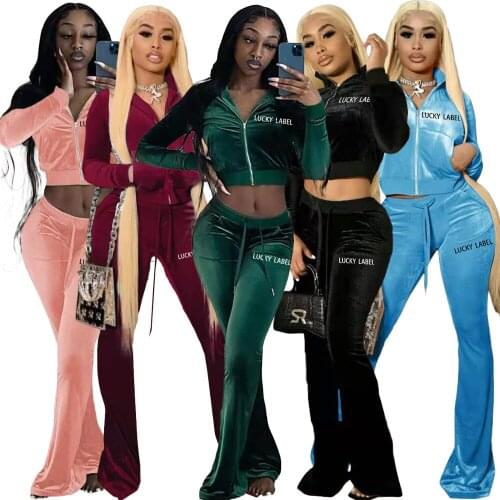 Embroidery Lucky Label Solid Velvet Tracksuit Women New Autumn Zipper Long Sleeve Hooded Crop Top + Flare Pants Two Piece Set