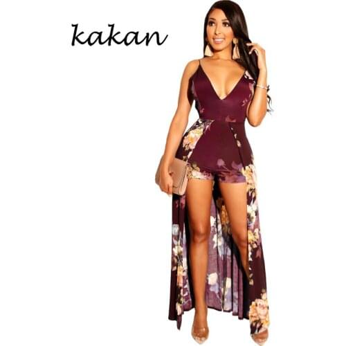 Kakan summer new jumpsuit sexy deep V-neck print tie bare back jumpsuit green blue wine red jumpsuit