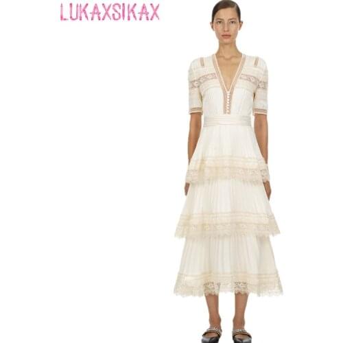 New Arrival High Quality Self Portrait Lace Runway Dress 2020 Summer Women Sexy V-Neck Pleated Hem Cake Dress Elegant Dress