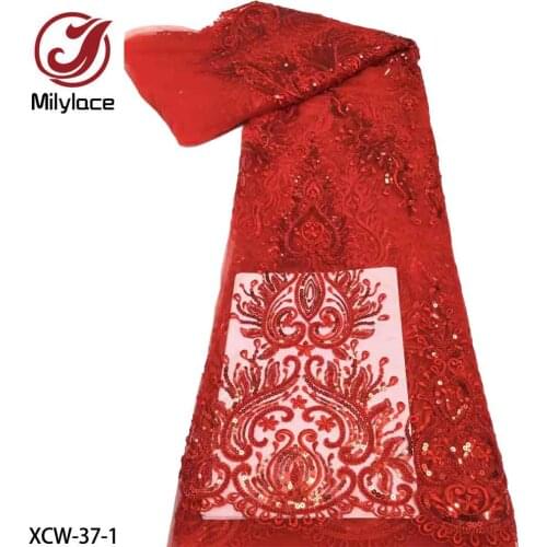 African Lace Fabric 2021 High Quality Lace Heavy Bead Tube Lace Fabric with Sequin French Net Lace for Wedding Dress XCW-37