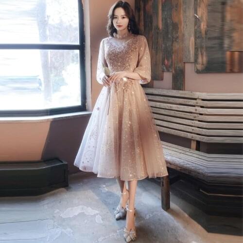 Sequins Appliques Evening Dress Half Sleeves High Neck A-Line Tea-Length Zipper Back Luxurious New Woman Formal Party Gown A576