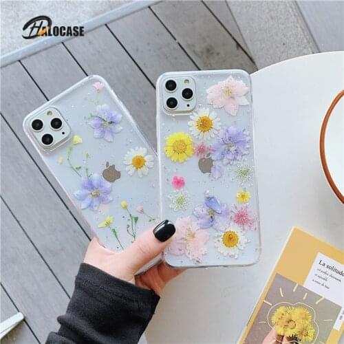 Real Dried Flowers Phone Case For iPhone 12 11 Pro XS MAX X XR 7 8 6 6s Plus Bling Glitter Transparent Soft TPU Back Cover Funda