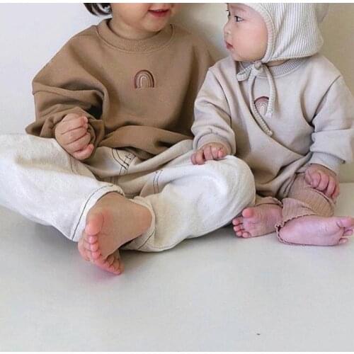 Kids Sweatshirts Baby Boys Long Sleeved Cotton Tops Toddler Girl Rainbow Embroidery Design Clothes Child Loose Sweatshirt 12m-6Y