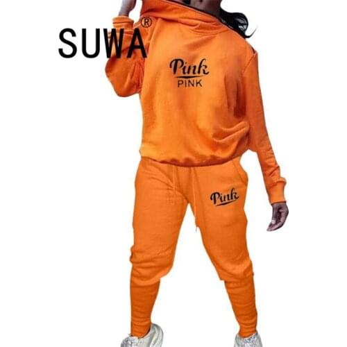 Loungewear Women Pink Clothing Long Sleeve Loose BF Style Sweatshirt Top High Waist Baggy Pants Casual 2 Piece Outfits Tracksuit