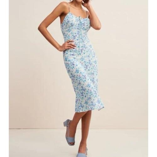 Elfbop Top Silk Ladies Blue Floral Printed Slim Strap Midi Dress Features Drawstring Ties