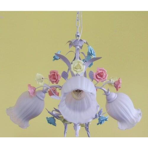 European Warm Pastoral Style Dining Room Three Bedroom Iron Pink Ceramic Flower Rose Korean Pendant Light Bed hanglamp