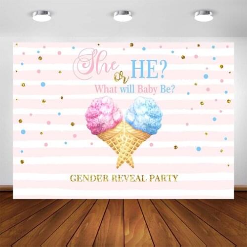 Ice Cream Gender Reveal Background He or She Baby Shower Pink and Blue Dots Party Decoration Banner Photography Backdrops
