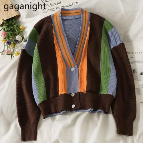 Gaganight Casual Loose Women Striped Cardigan Long Sleeves Single Crop Kardigan Female Chic Knitted Cardigans Dropshipping 2021