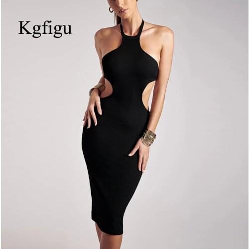 KGFIGU 2021 New Style Evening Party Dresses For Women Sexy Backless Soft Black Pencil Vestidos Lady Birthday Club Snug Clothing
