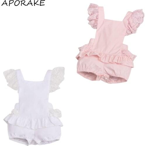 2021 0-12M Newborin Baby Girls Sweet Lace Fly Sleeve Romper Summer Solid Color Ruffle Cross Straps Backless Jumpsuits Playsuit