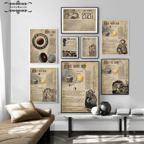Lunar Calendar 2020 Poster Book of Shadows Sheets Canvas Painting Vintage Prints Moon Phases Witchcraft Wall Art Pictures Decor