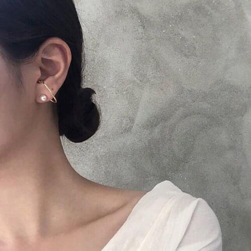 Minimalist Gold Silver Color Twisted Line Hook Earring Double Side E Shape Pearl Stud Earrings for Women Girl Fashion Jewelry