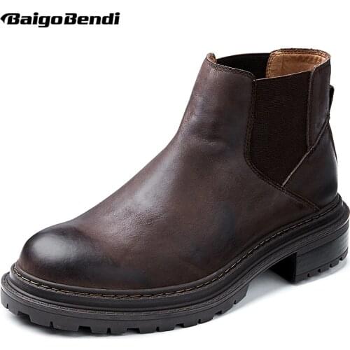 New Arrival!Hight End Slip On Men Boots Full Grain Leather Thick Heel Autumn Winter Ankle Boots Man Formal Dress Shoes Must Get